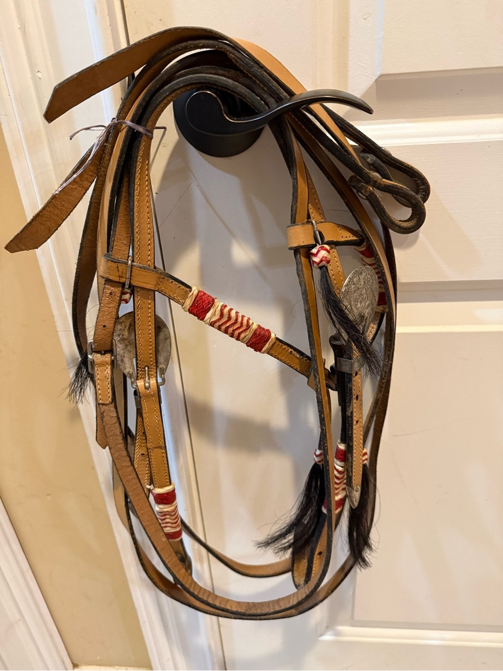 Leather Western Headstall w/ matching reins w/ horsehair Accent colored rawhide - Picture 12 of 16